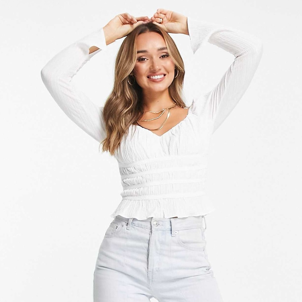 Topshop sweetheart neck textured long sleeve top in ivory